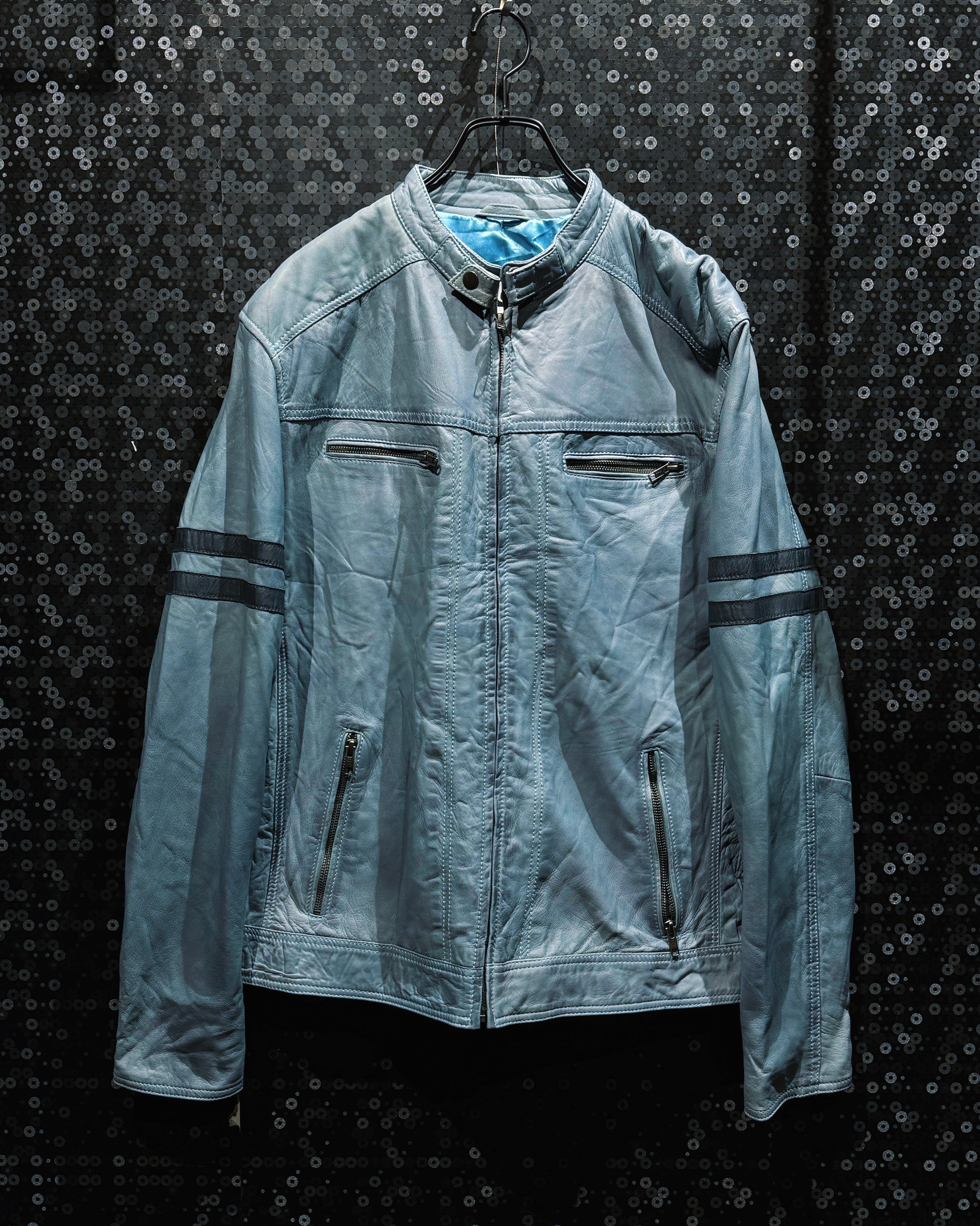 【ÆIEM】"max"vintage pale blue leather stand collar riders jacket