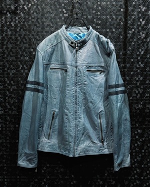 【ÆIEM】"max"vintage pale blue leather stand collar riders jacket