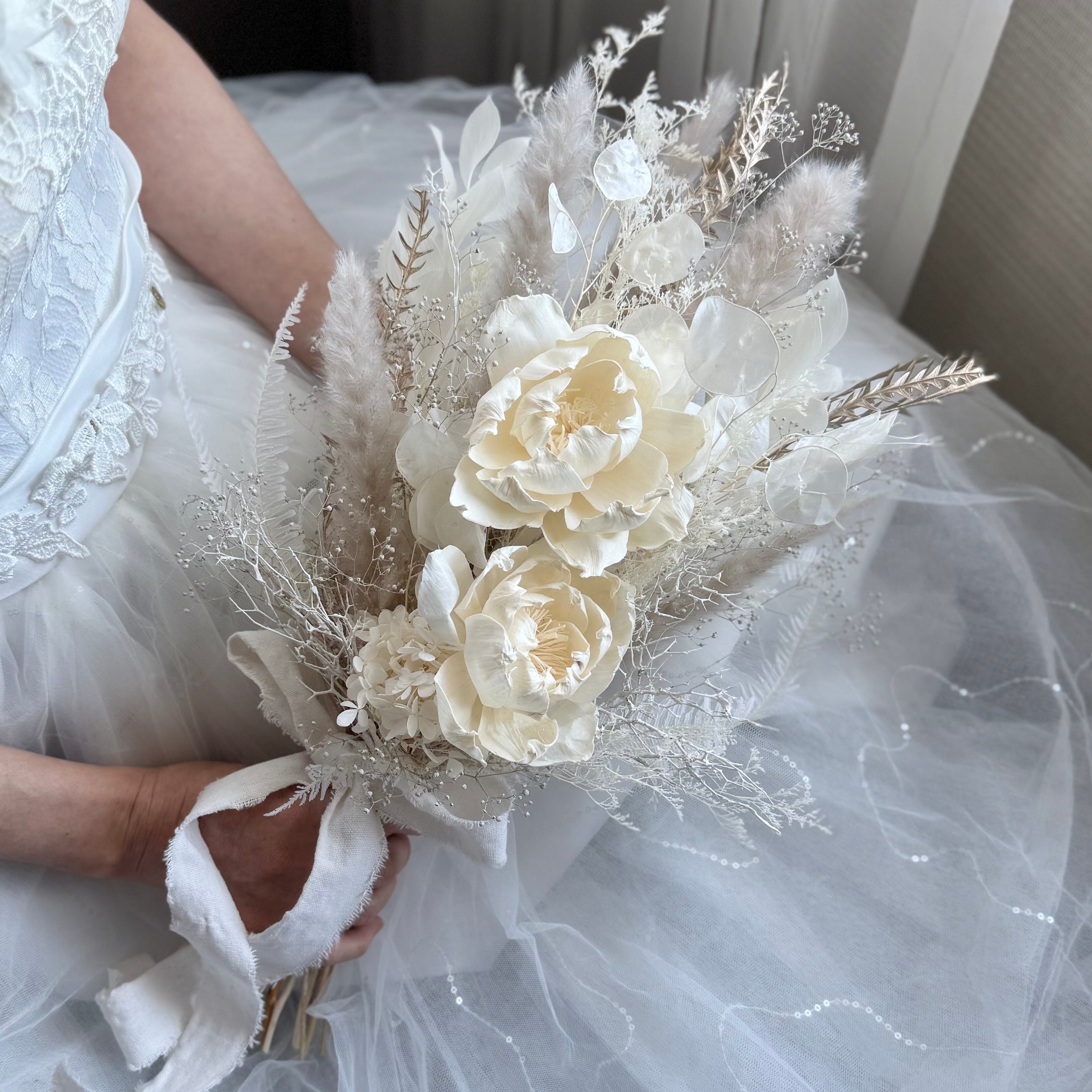 ウェディングブーケ/ドライフラワーブーケ ドライフラワー ウエディングブーケ ブートニア付き 結婚式 前撮り