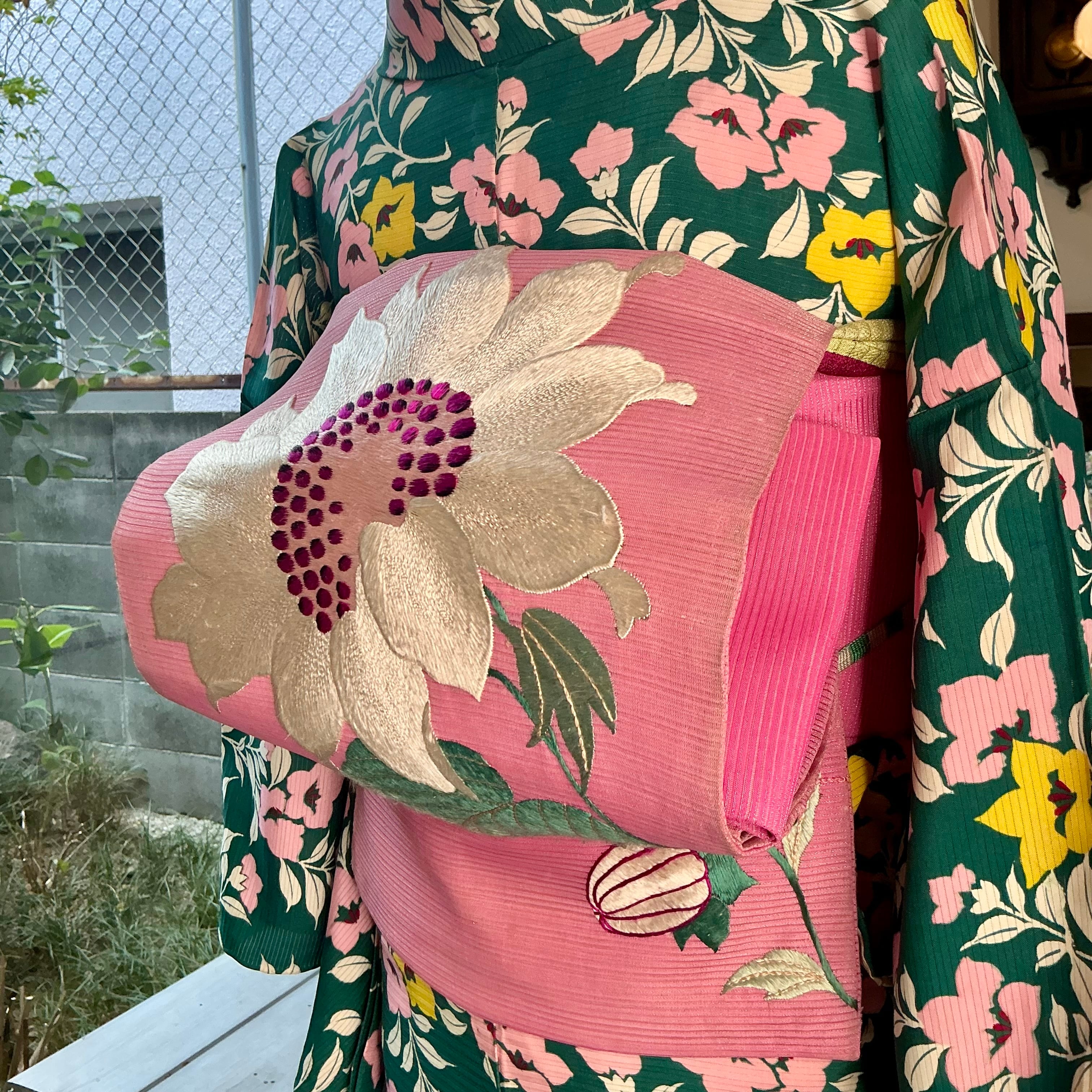 romantic summer＊夏帯 絽 ひまわり 向日葵 花 大柄 ピンク 刺繍