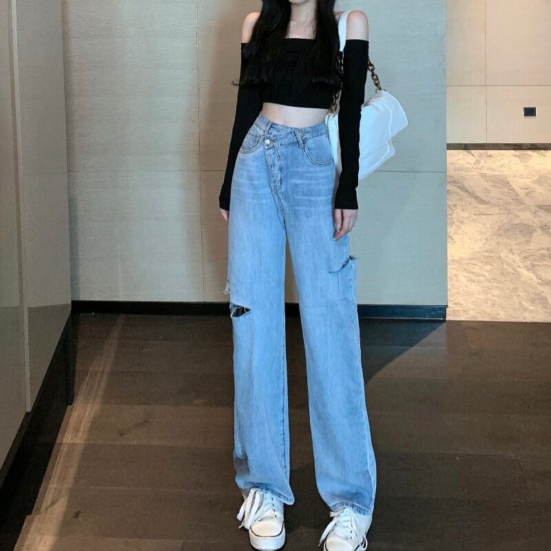 生エッジのブルーハイウエストストレートレッグジーンズレディース秋スリールーズワイドレッグパンツモップドレープパンツ ブラックストロベリース31310750464