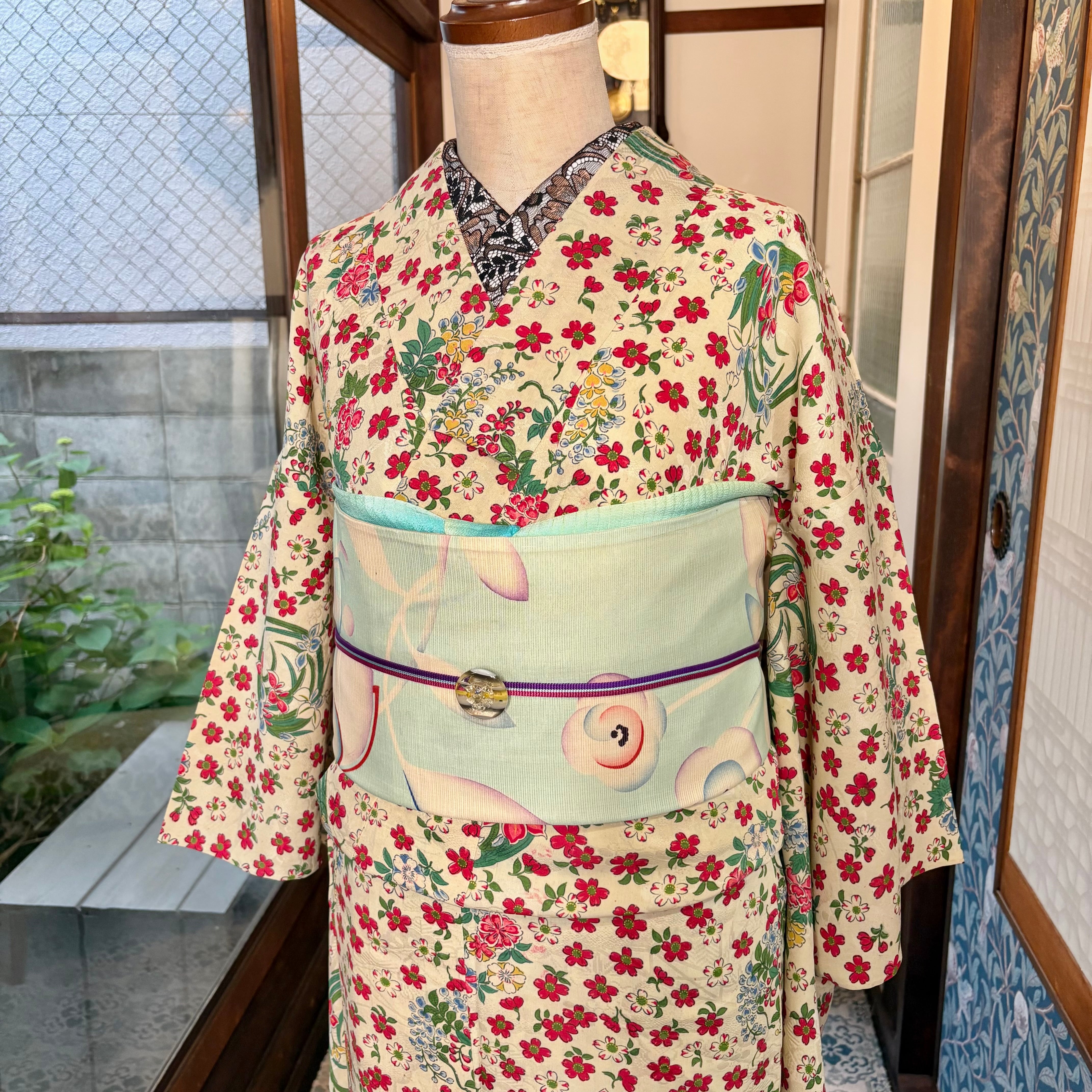 小紋　アンティーク　銘仙　単衣　菱　身丈154　裄63　正絹　着物　035tz 単衣着物 | kimono tento