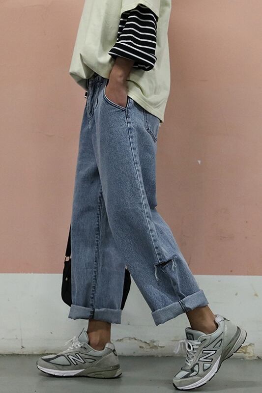 全1色 デニム パンツ ストレート カジュアル ダメージ おしゃれ