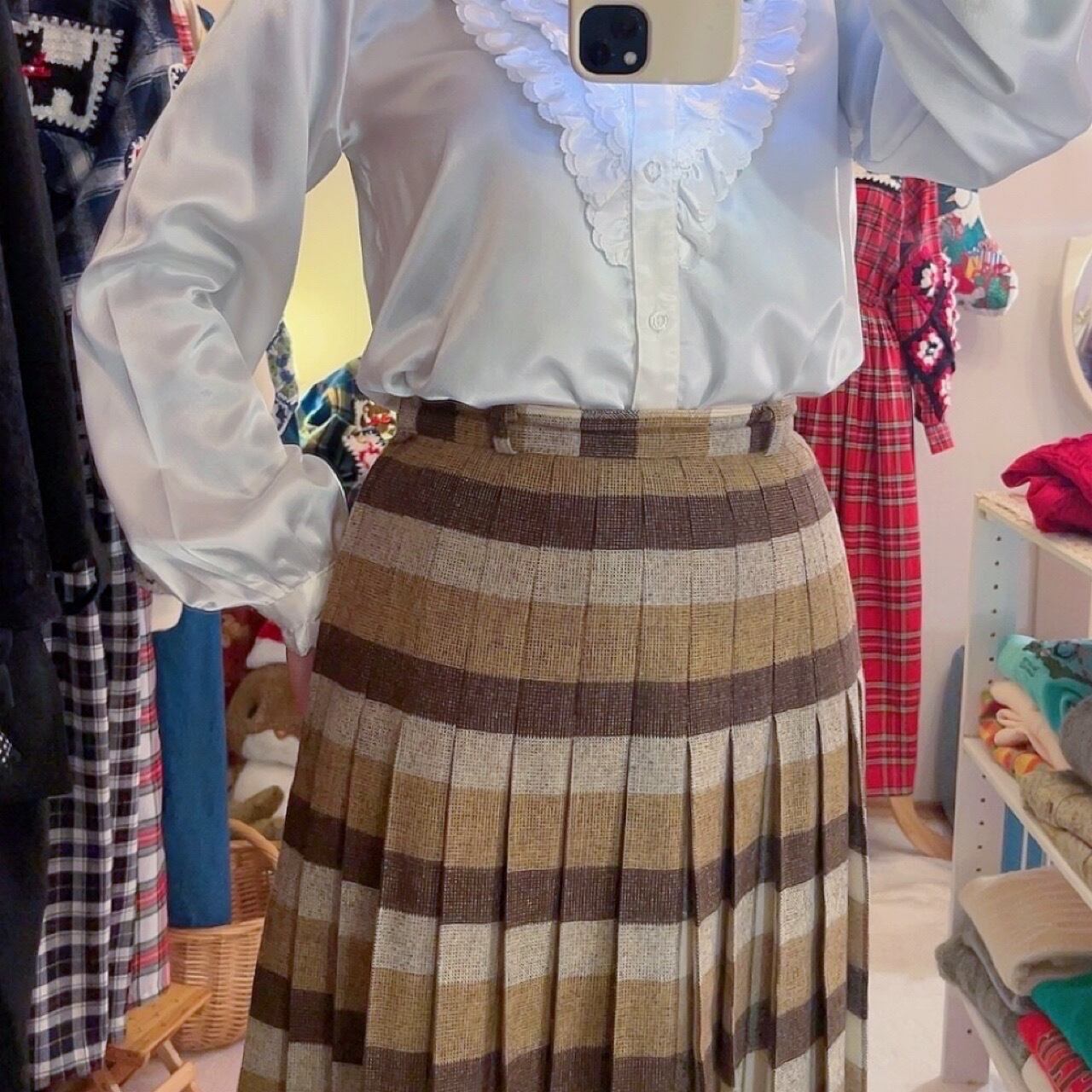brown block check tuck skirt