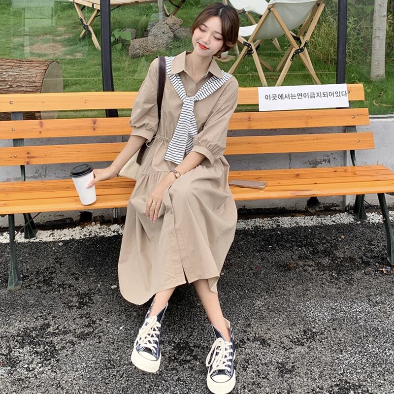 カーキシャツ ドレス サマールーズロングスカート 大人ガーリー スウィート キュート カジュアル 夏物 試着室17782451245