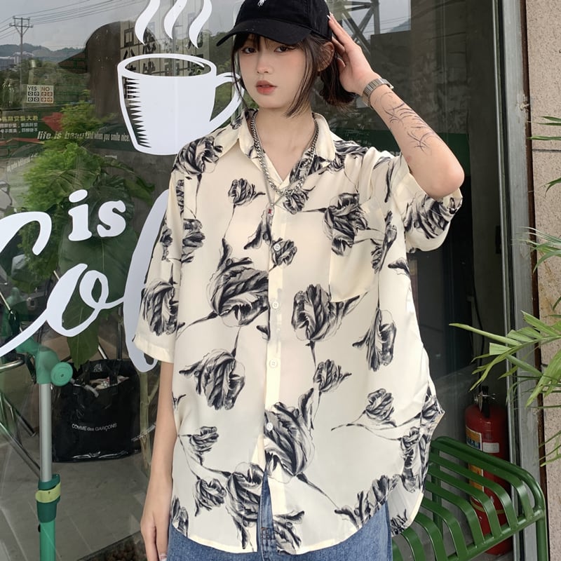 サブカル 服 地雷系 通販 半袖シャツ ユニセックス 薔薇 ローズ柄プリント レトロ カジュアル 闇かわいい 韓国ファッション クール