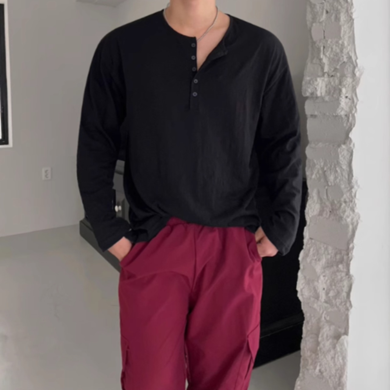 ヘンリーネックルーズロングTシャツ　0837