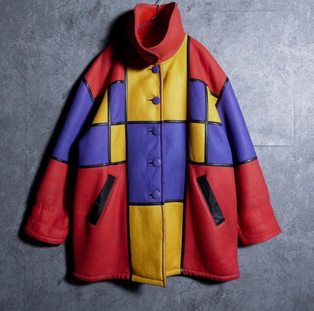 Multicolor Mondrian Pattern Mouton Jacket
