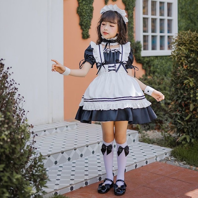 (6点) コスプレ メイド服 110-150 可愛い 子供 ブラック ブルー  レッド ピンク 衣装 仮装 ワンピース77371527