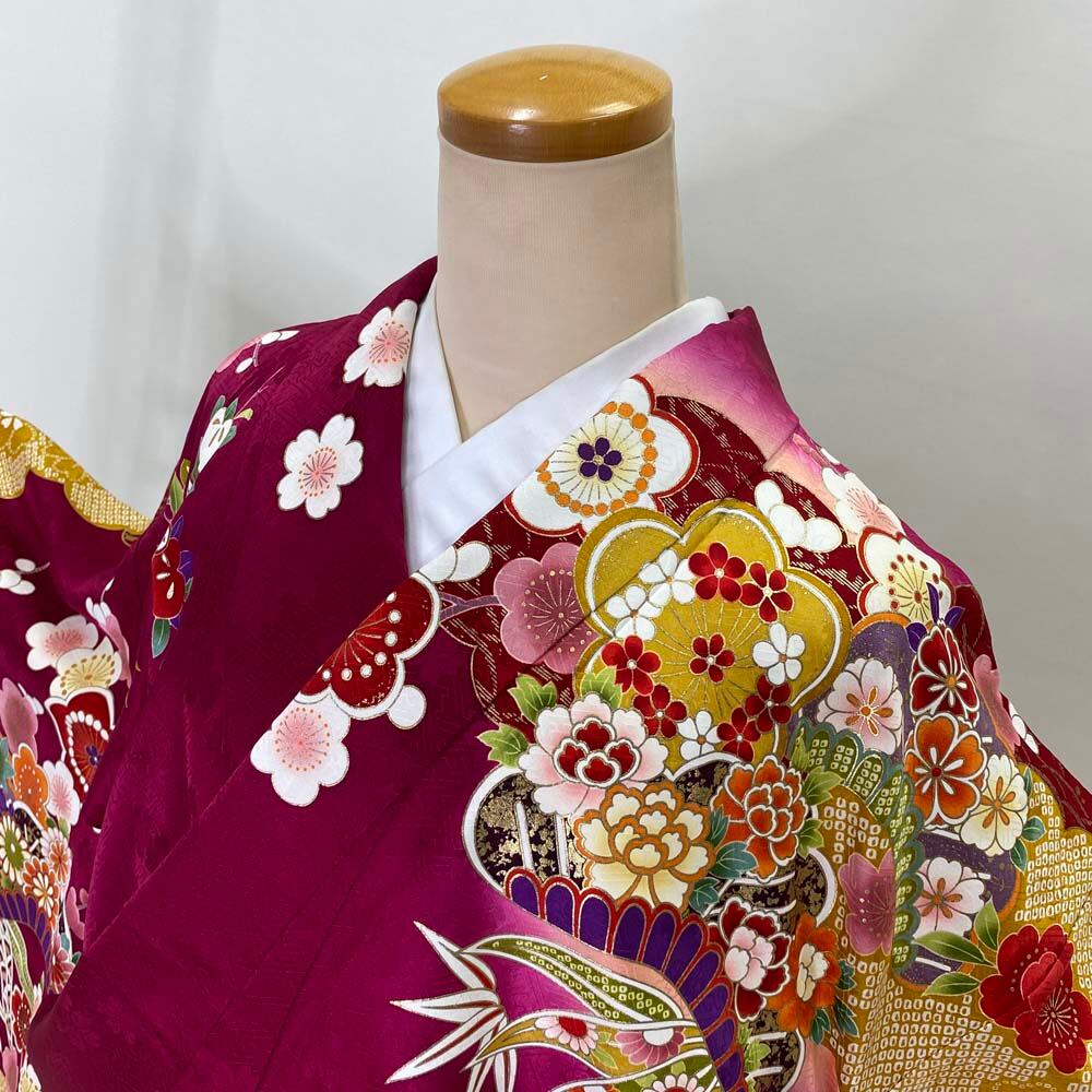 振袖 中古 大きい ラメ入り 赤 ピンク 絞り柄 桜 正絹 美品 LLサイズ