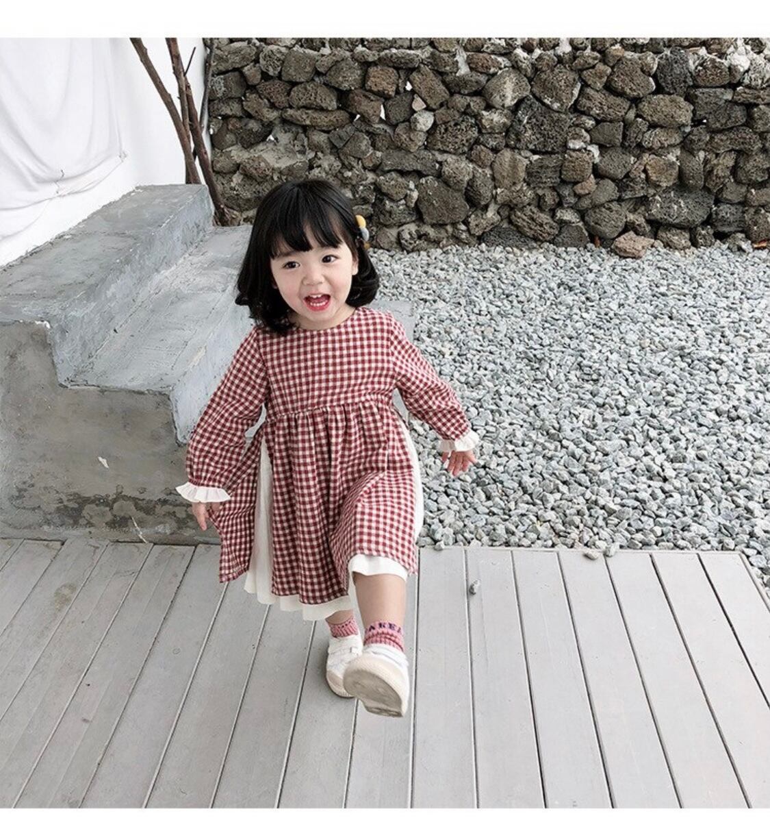 【即納】サイドデザインチェックワンピース》》》》》》》》》海外子供服 ワンピース プチプラ インポート 女の子 キッズ ガール 韓国子供服