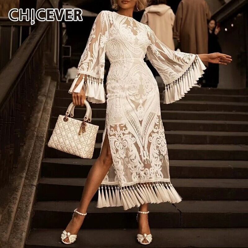 CHICEVERサマーヴィンテージレースパッチワークTeホワイトドレスレディースOネックフレアスリーブウエストAラインドレス2020 夏物 ビンテージ 6base56881223946