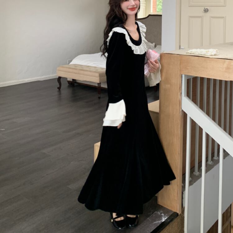 Wide ruffle collar velvet dress 00175