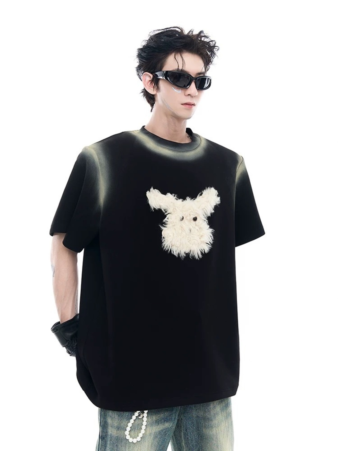 STARTEXCEEDEND タイダイ切替デザイン ドッグプリント 半袖Tシャツ | exzp