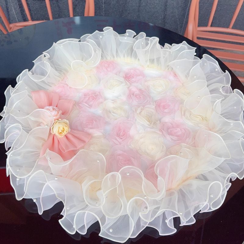 【海外ハンドメイド】ホワイト&ピンクのフリルカフェマット 01128