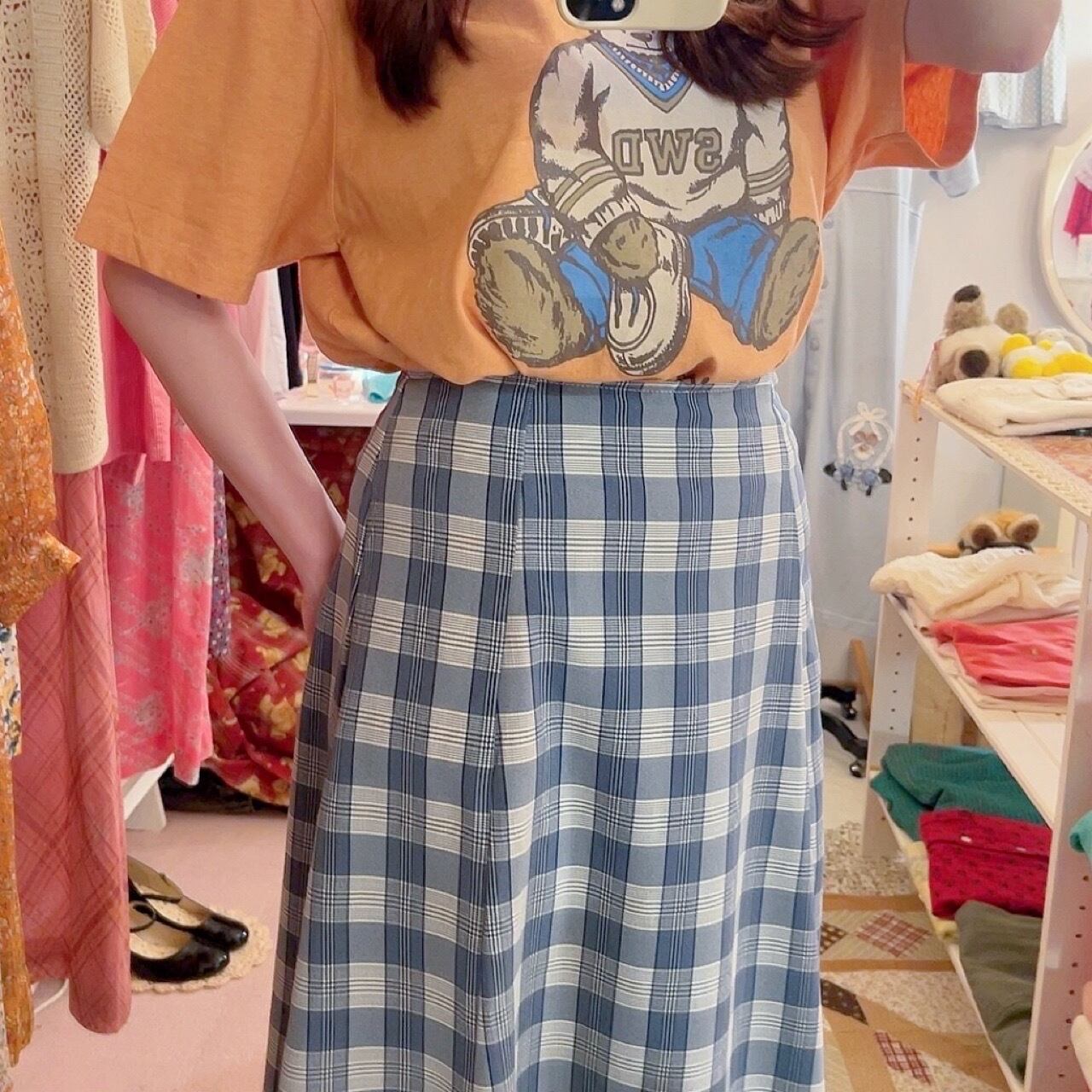 blue navy check long skirt