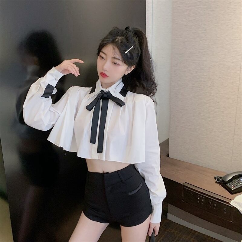 ニッチショートボウ長袖ホワイトシャツブラウスレディース2020秋新作ベビーシャツシャツ ブラックストロベリース73182734163