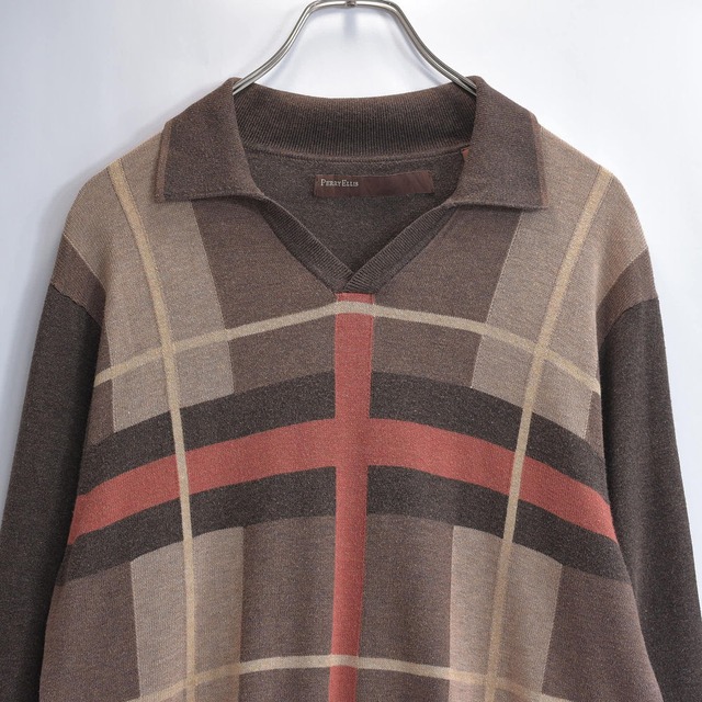 90s～ PERRY ELLIS スキッパーカラー ハイゲージニット プルオーバー ペリーエリス ブラウン チェック柄 襟付き セーター USA アメリカ古着 メンズM相当