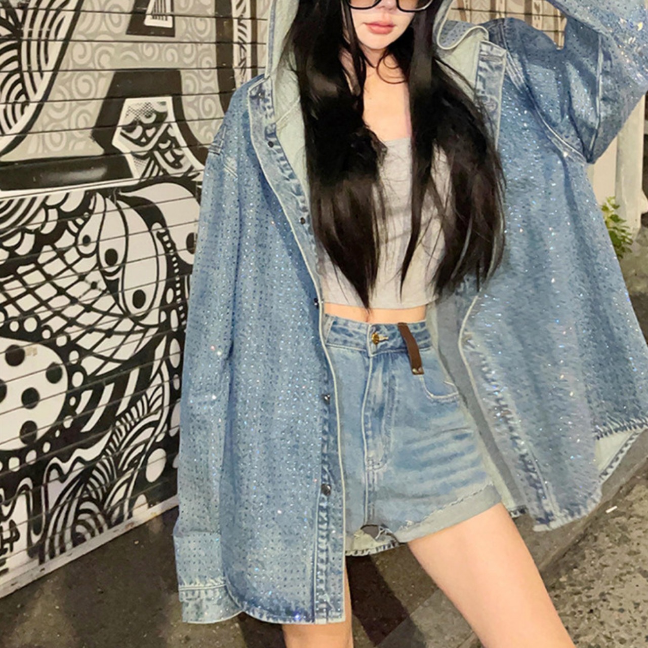 Rhinestone-designed hooded denim jacket (ME398)