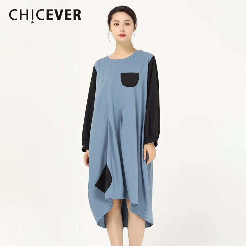 CHICEVERヒットカラードレス女性Oネック長袖特大パッチワークポケットアシンメトリードレス夏服2020 ロング サマー 夏物 6base589997034133