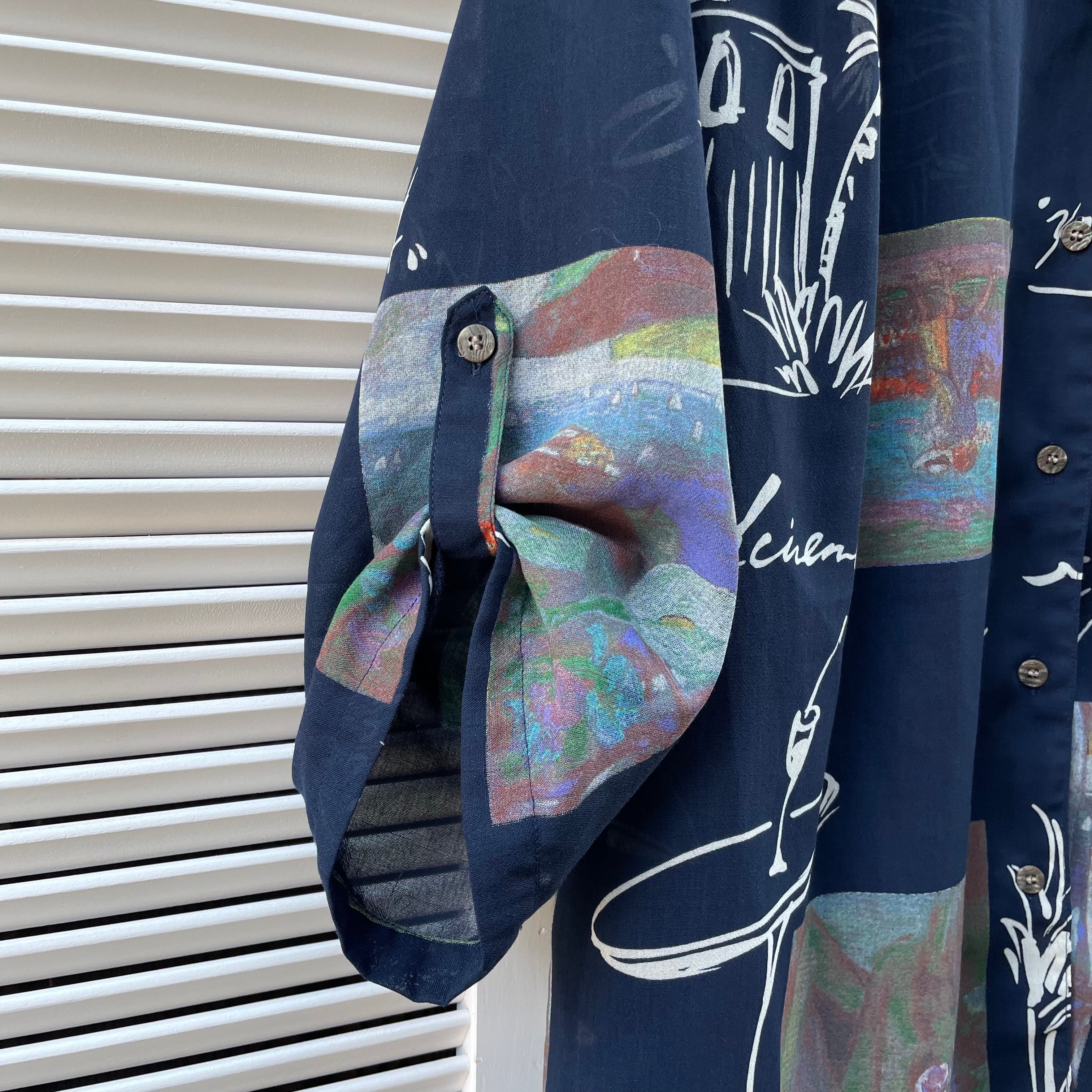 art motif sheer pattern shirt〈レトロ古着 絵画モチーフ シアー 柄