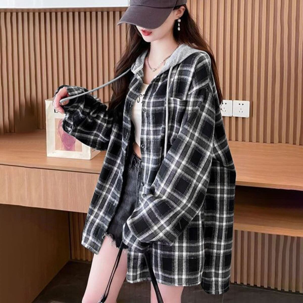 ネルシャツ フード付き 長袖 シャツ レディース 春秋冬 韓国 ライトアウター トップス おしゃれ 大人 カジュアル ストリート アメカジ レトロ 微起毛 ゆったり オーバーサイズ 大人可愛い 大人女子