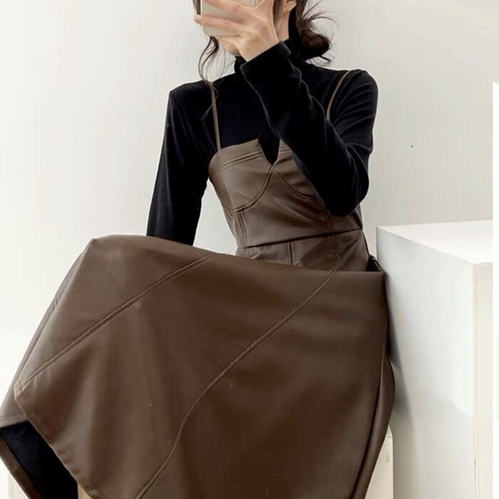 全2色 エコレザー サスペンダーワンピース V Ite09