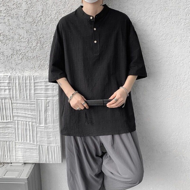 Henley collar cotton and linen short-sleeved shirt(MT1447)