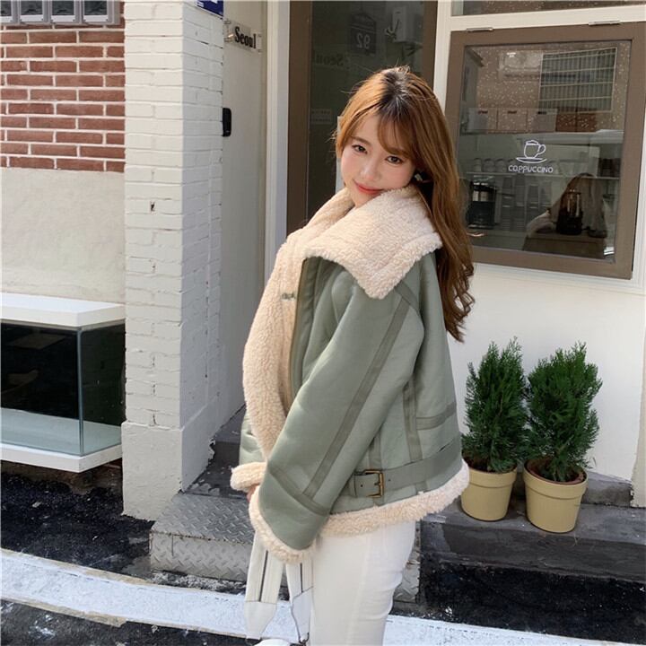 暖かい 厚手 ゆったりする レトロ 短いスタイル 子羊の毛 ファー カジュアル レザー コート