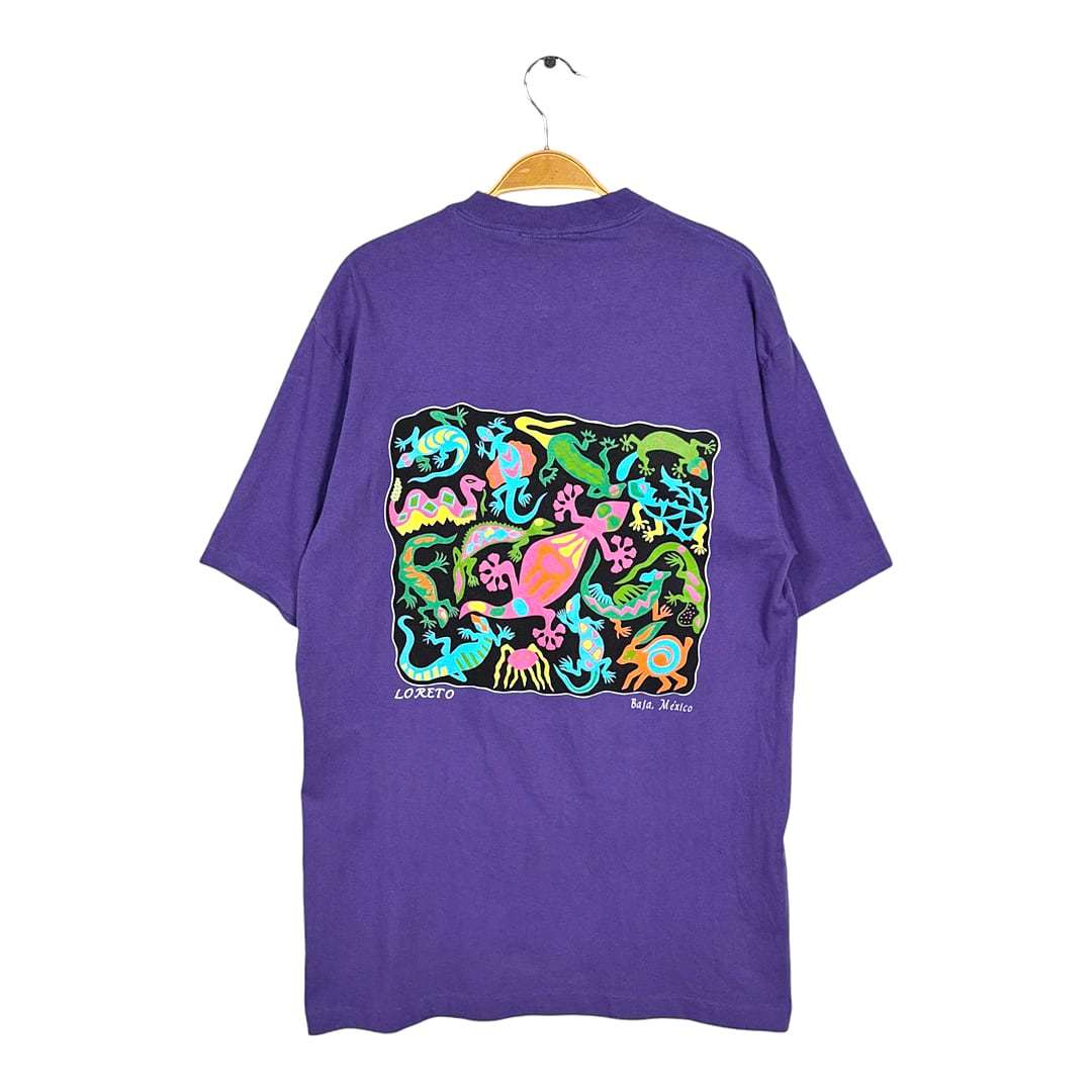 90s アートT 爬虫類 ヤモリ USA製 ヴィンテージ Tシャツ アニマルプリント パープルシングルステッチ SOF TEE サイズL BZ0639