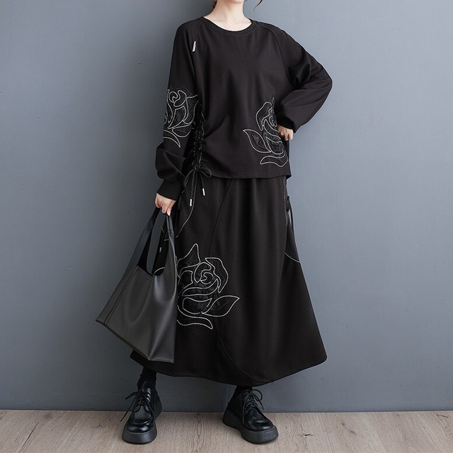 立体フラワー刺繍 トップス＆スカート セットアップ  00037