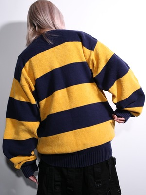 "TOMMY HILFIGER" navy × yellow good coloring border cotton knit