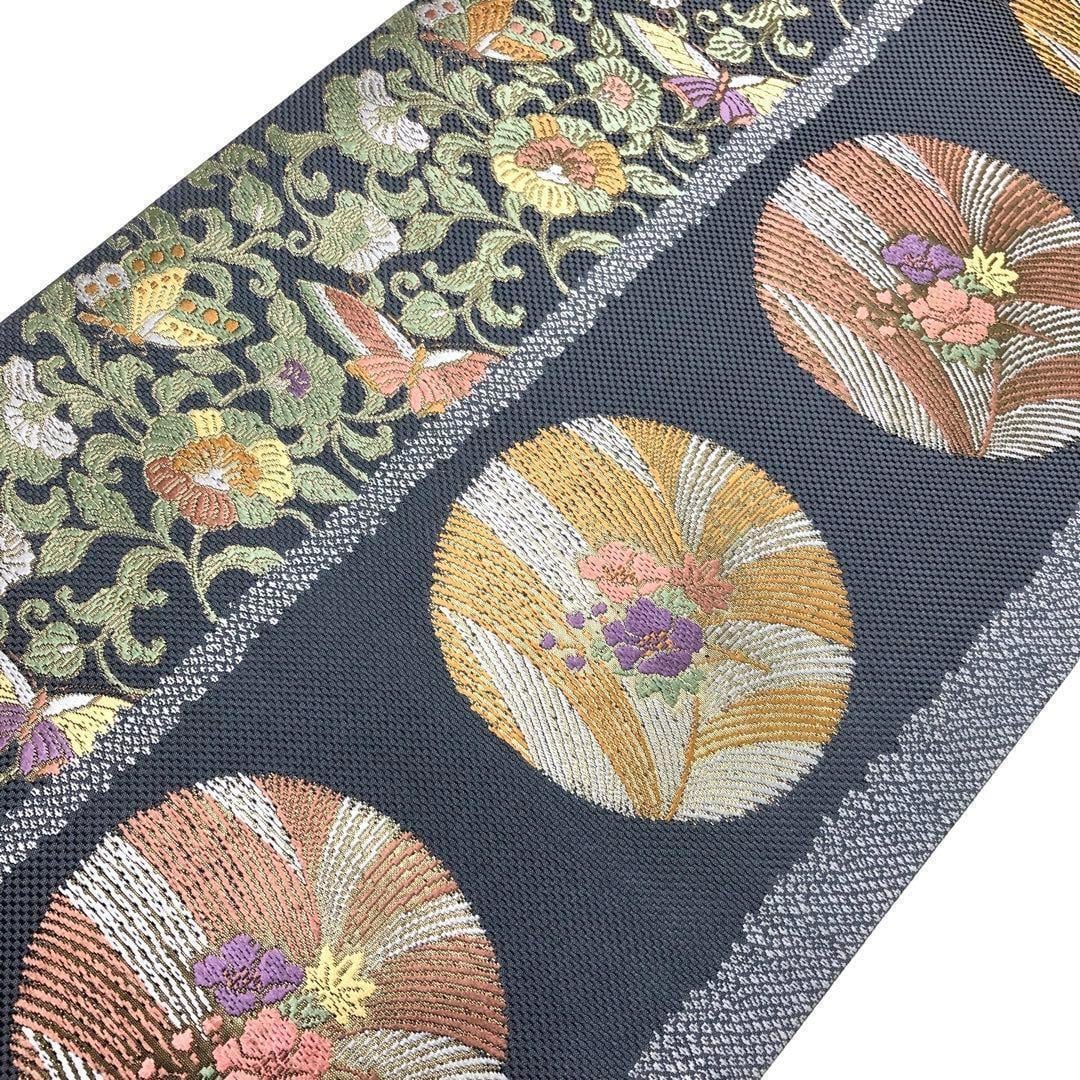 袋帯 丸の中に花柄 縦柄花唐草に蝶々 金糸 錫紵色 O-3499 | リユース  