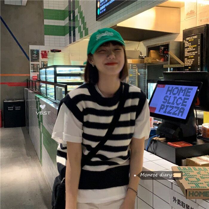 ストライプニットノースリーブクロップドトップス アウターセーター モンロー95825385680