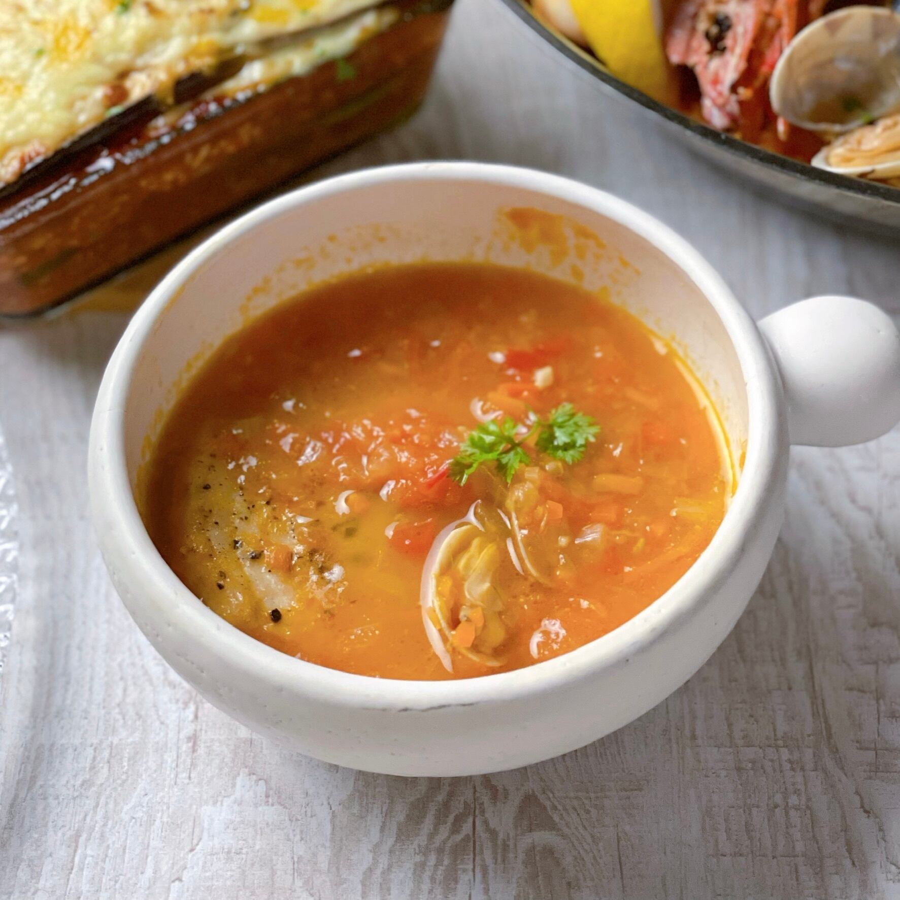 白身魚とあさりのトマトスープ　Ohana　料理教室　kitchen