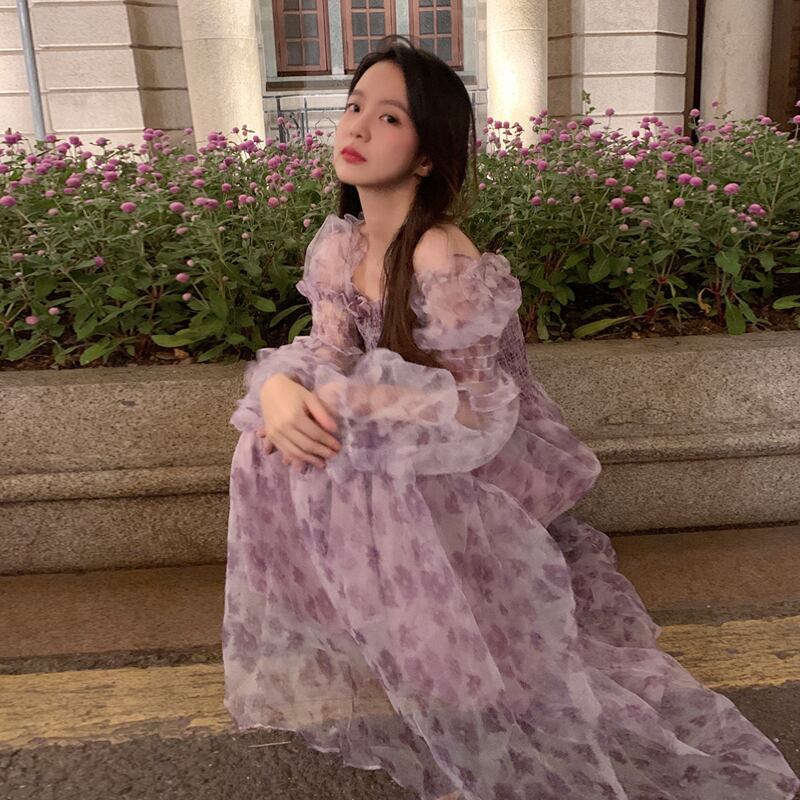 フローラルドレス サマースタイルロングスカート 大人ガーリー スウィート キュート カジュアル 夏物 花柄 パープル スーパーモール374095952