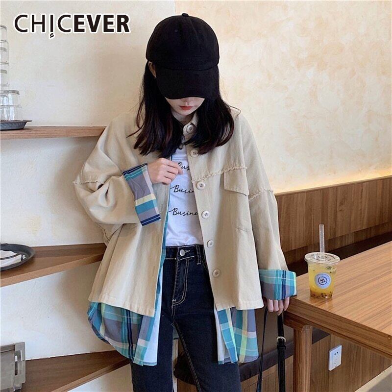 CHICEVERベージュジャケットレディースラペル長袖パッチワークチェック柄ヒットカラールーズオーバーサイズコート2020秋 ロング オータム 秋物 6base523096883505