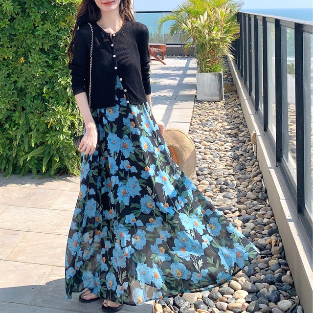 カーディガン+花柄ワンピースセット 　12322