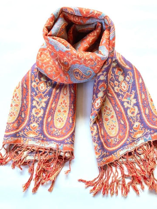 パシュミナストール　厚地　暖色系　ペイズリー柄