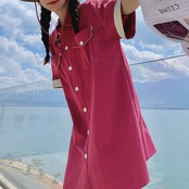 Flamingo-Colored Workwear Shirt Dress 5007