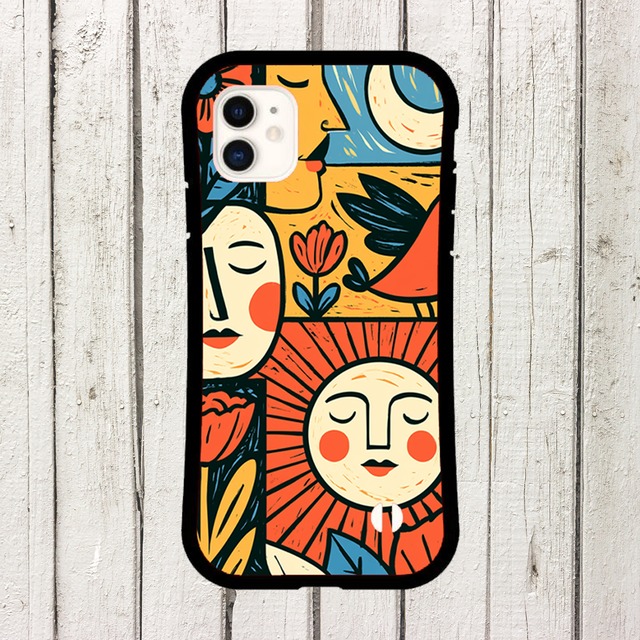 受注生産 iPhoneケース 太陽と人物顔の民芸柄｜フォークアート FMSY066A