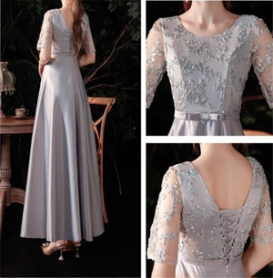 ★送料無料★9号(M)☆レース切替サテンイブニングロングドレス(OPN2164)