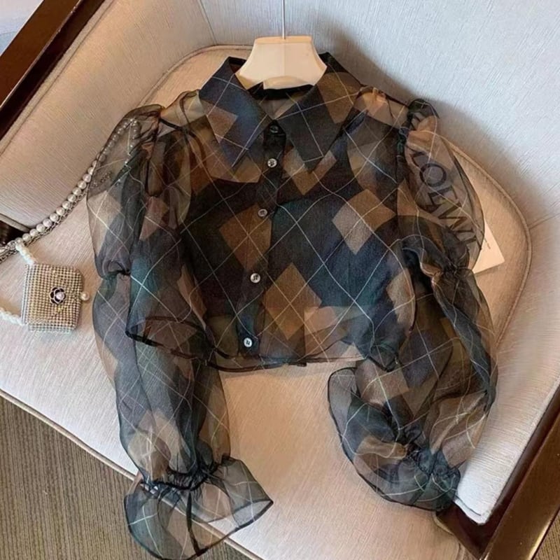 Sheer check short shirt V2299