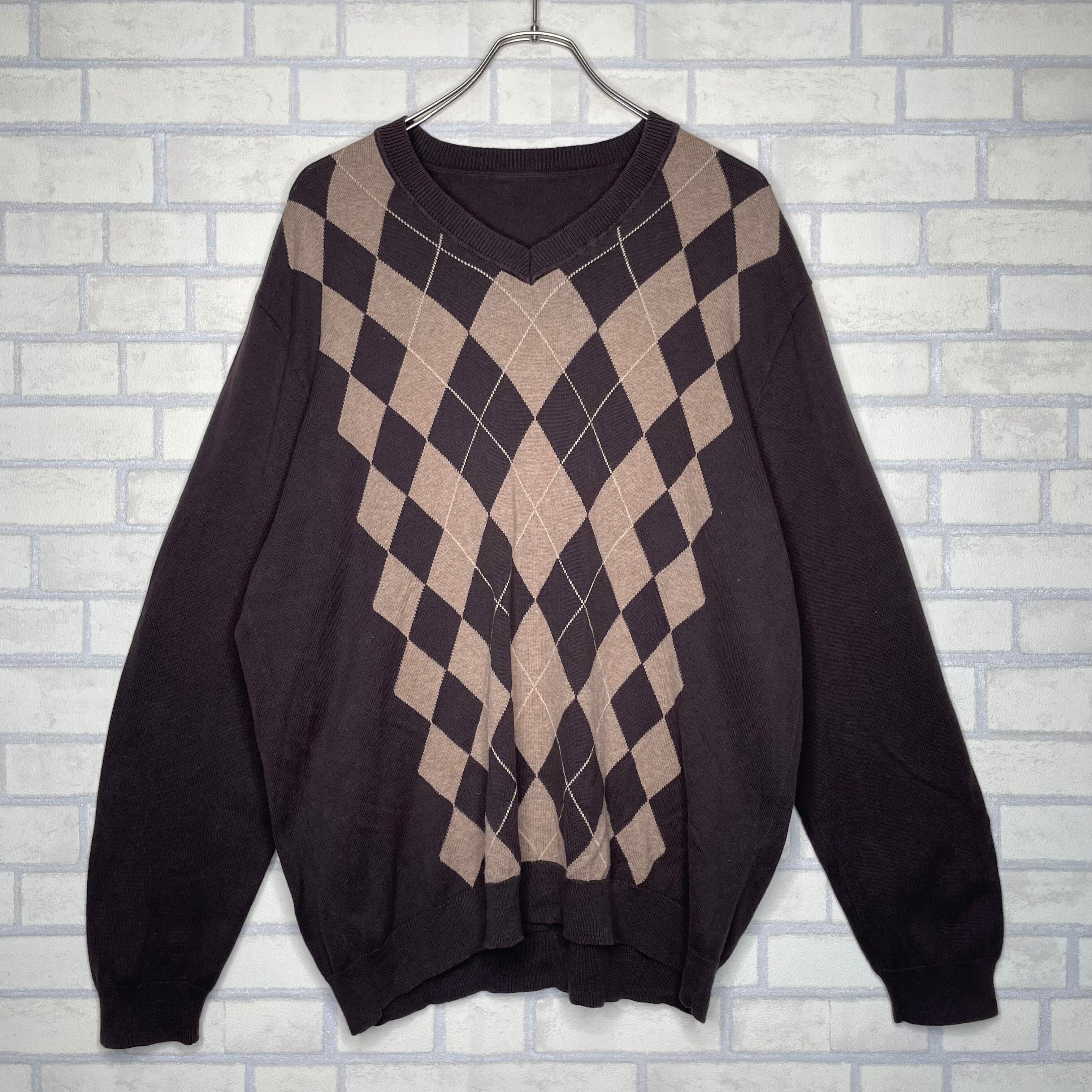 unknown ニット XL ブラウン アーガイル柄 Vネック 状態良好 セーター 