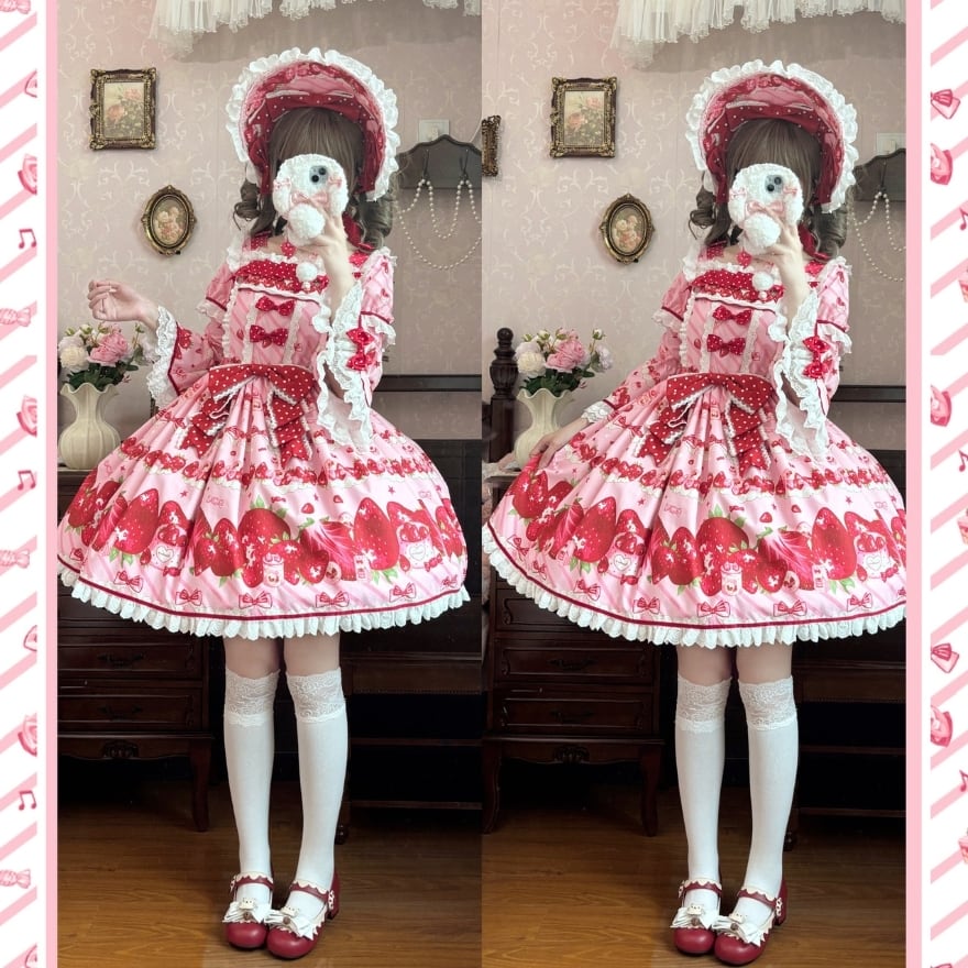 ロリータファッション 甘ロリ 夢かわいいいちご柄姫袖ワンピース