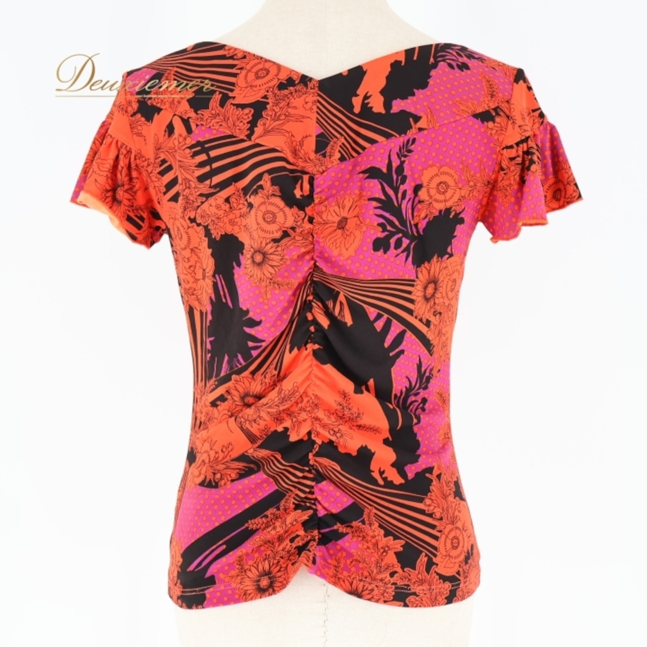 社交ダンス 衣装 トップス ブラウス オレンジ系 チャコットロイヤルダンス Chacott ROYAL DANCE 練習 レッスン 花柄 ドット柄 水玉 半袖 伸縮 ストレッチ 上品 黒 紫 かわいい パーティー ダンス衣装 日本製 ブラック系 パープル系