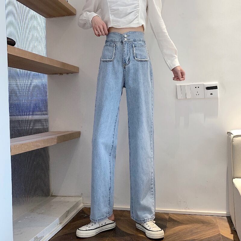 スプリングオータムジーンズ ルーズハイウェストロングパンツ 春物 秋物 1号婦人36657137972