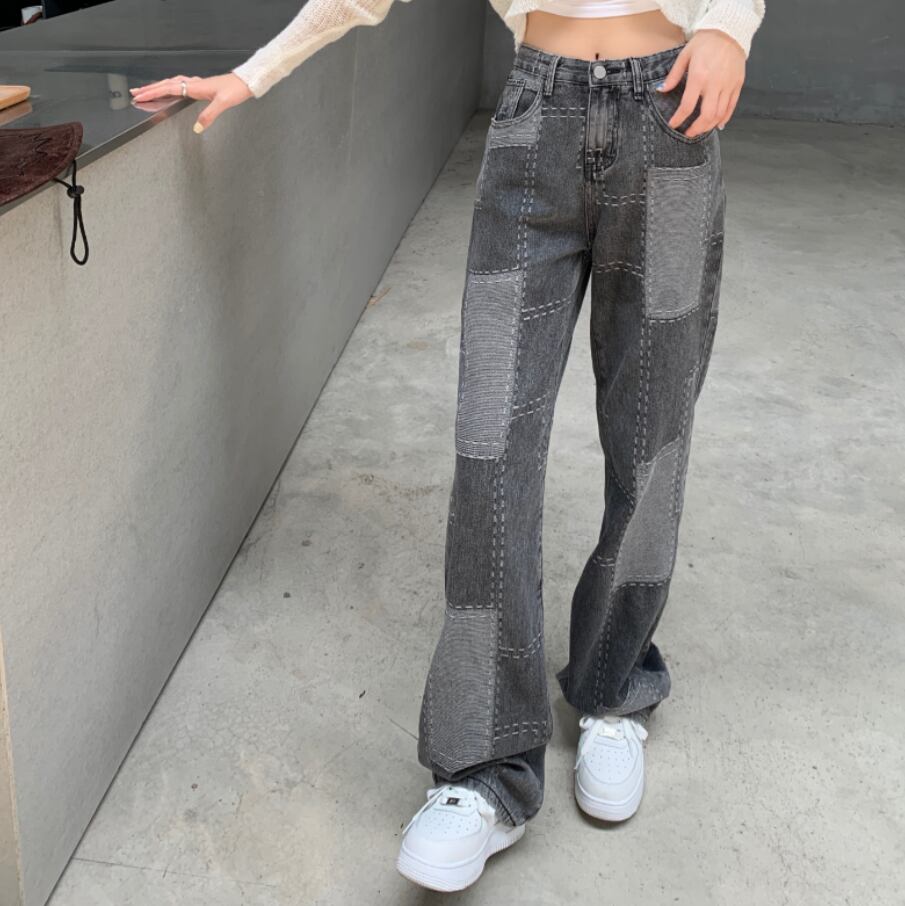 個性派さん必見☆ パッチワーク デニムパンツ ハイウエスト ステッチ