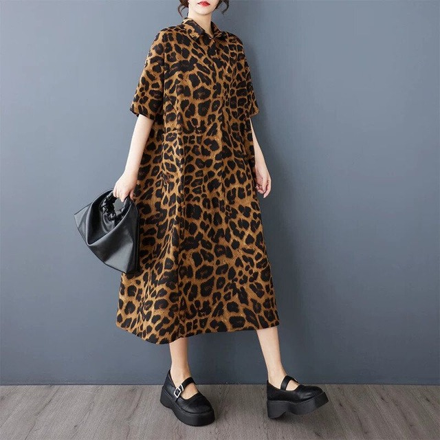 LEOPARD HALF SLEEVES MIDI A-LINE SHIRT DRESS 1color M-16430