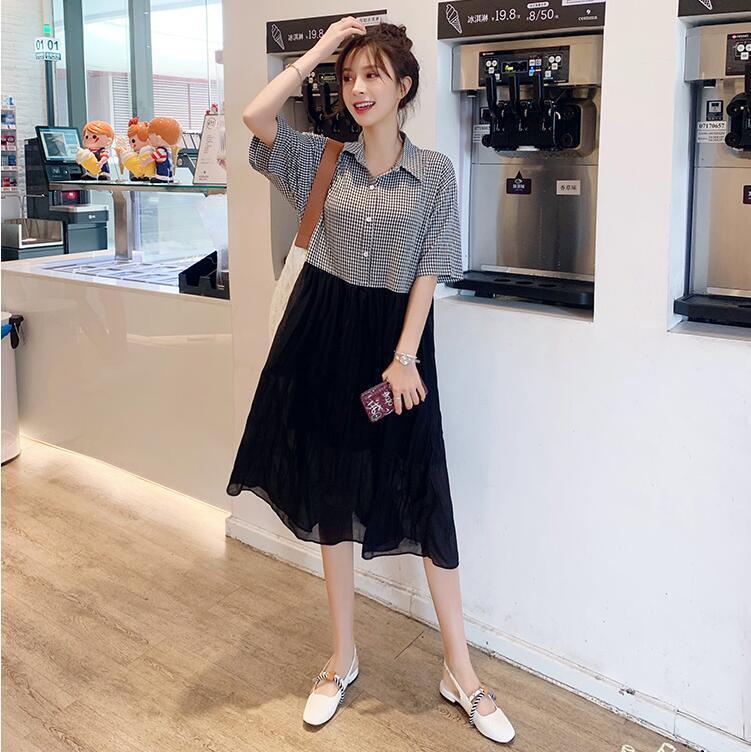 【新作】【送料無料】 マタニティドレス2019夏バージョンの新しいファッションスモールチェッカーラペルルーズミドル丈とラージサイズのマタニティドレス-アリババ レッド 大きめサイズ サマー 夏物 expec243224573422